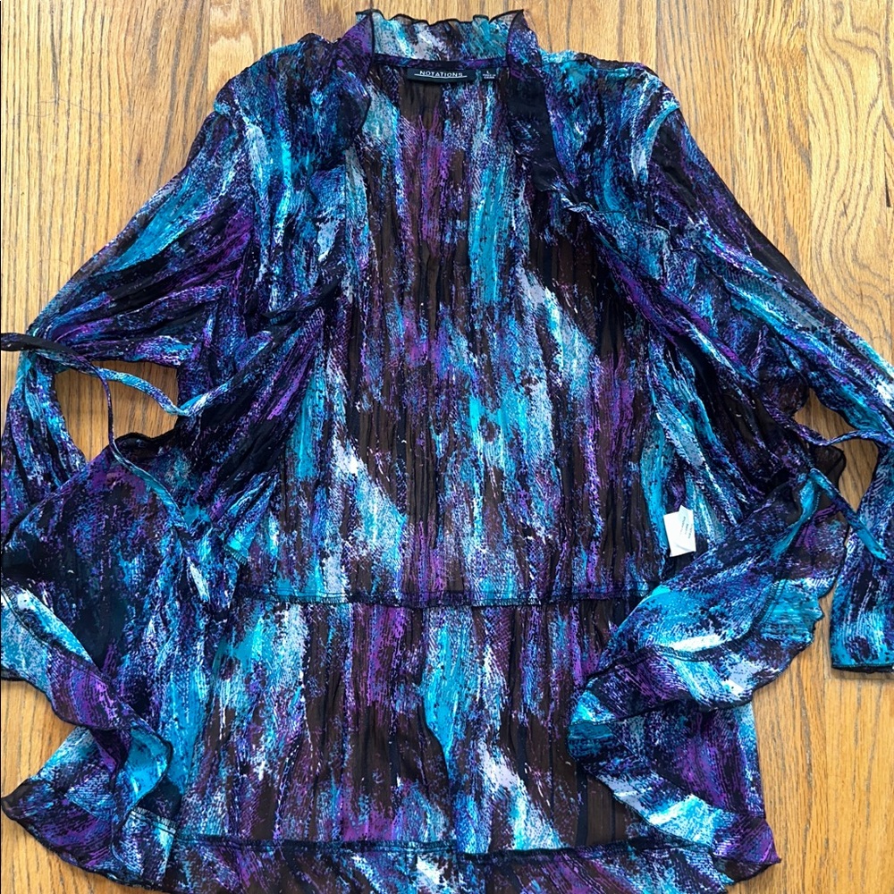 Notations Teal Blue Purple Metallic Sheer Cowl Neck Blouse - Picture 3 of 8